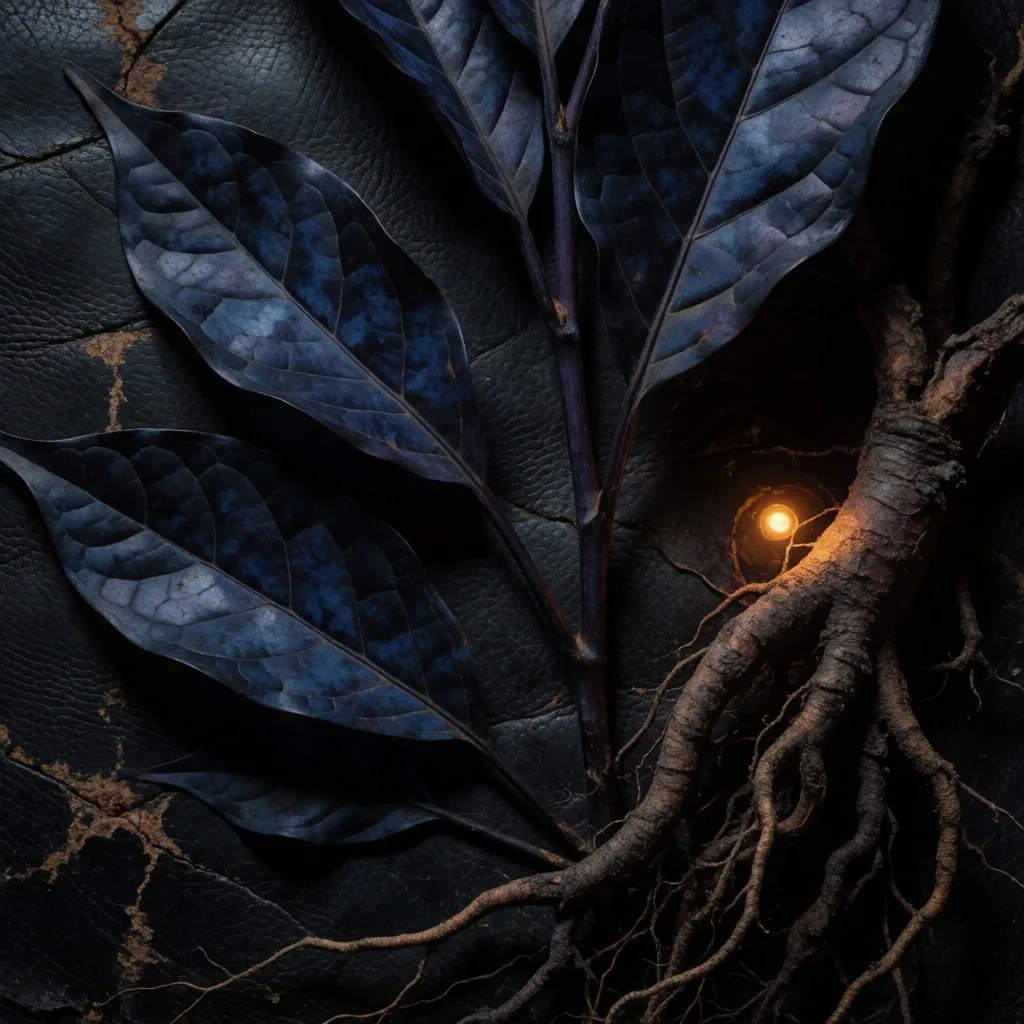 Dark botanical textures on leather surface