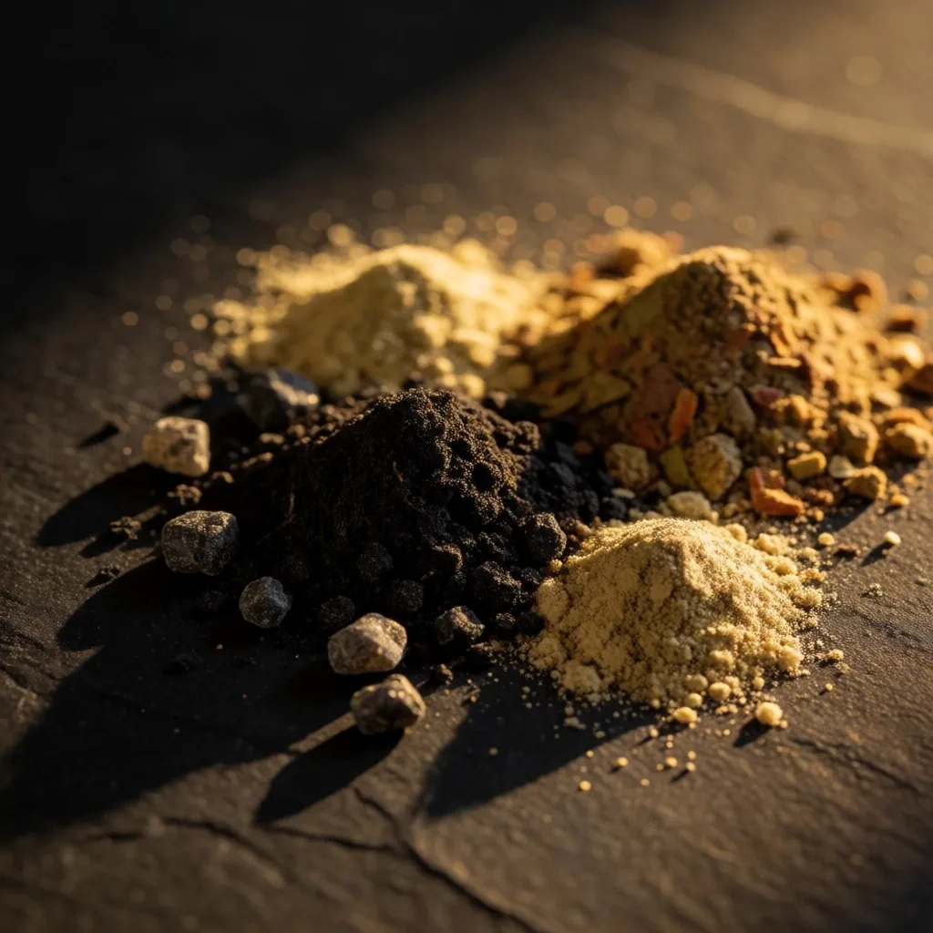 Mineral and botanical powder on dark stone