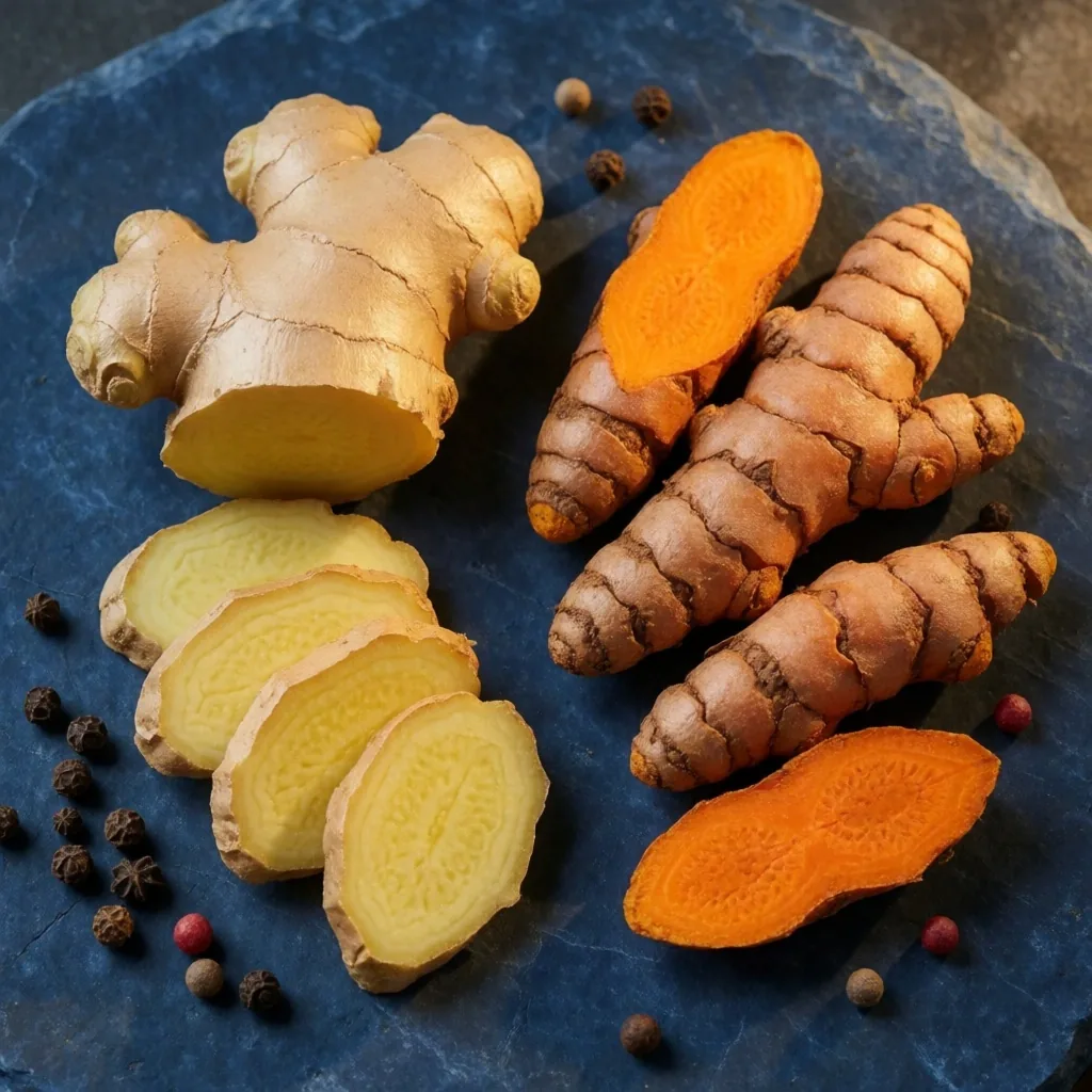 Fresh turmeric and ginger roots on dark stone