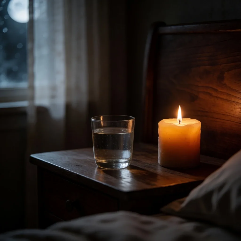 Amber candle and glass of water on dark wood nightstand at night