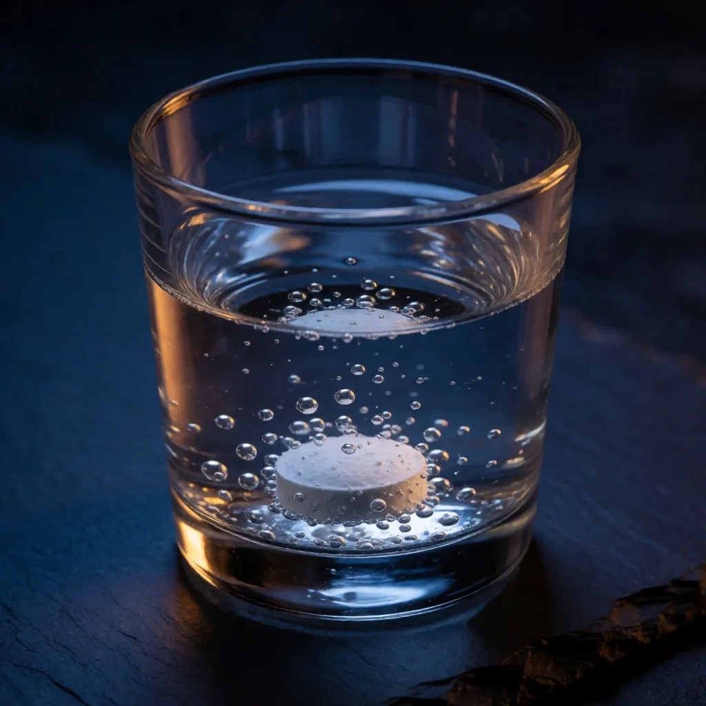 Glass of water with dissolving mineral crystals on dark indigo background